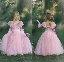 Sweet 2020 Flower Girls Dresses With Detachable Long Gloves Girls Wear For Wedding Lace Floor Length Girls Party Dress