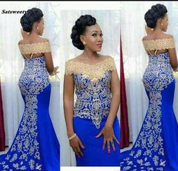 Elegant Evening Dresses Long Mermaid Off Shoulder with Gold Embroidery Floor Length African Women Blue Formal Prom Evening Gown