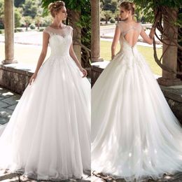 Underbara Scoop Cap Sleeves En Linje Bröllopsklänningar 2020 Mjuk Tulle Beaded Crystal Vestidos de Novia Princess Bridal Gown Anpassa