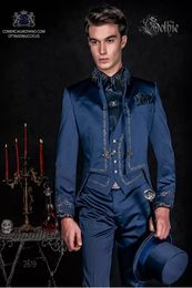 Tailcoat Groom Tuxedos Embroidery Groomsmen Mens Wedding Dress Blue Man Jacket Blazer Fashion Prom/Dinner 3Piece Suit(Jacket+Pants+Vest+Tie)