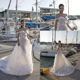 Spring Lian Rokman Beach Bohemian Wedding Dresses Off Shoulder 3D Flower Appliques Garden Bridal Gowns Boho Sparkly Sequins Wedding Dress