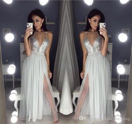 Sexy Silver Grey Long Evening Dresses New A Line Spaghetti Strap Celebrity Holiday Women Wear Formal Party Prom Gowns Custom Made Plus Size
