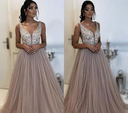 A Line Long Evening Dresses 2019 Deep V Neck Tulle Celebrity Holiday Women Wear Formal Party Prom Gowns Custom Made Plus Size