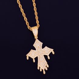 New Men's Drip Cross Pendant Necklace Ice Out CZ Stones Gold Rock Street Hip Hop Jewellery