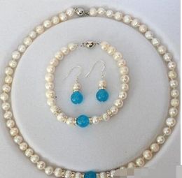 Handmade beautiful beautiful 7-8mm white pearl & aquamarine necklace blue bracelet earring set 18 " fashion Jewellery