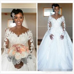 Luxury Lace Applique Wedding Dresses Long Illusion Sleeves Sheer Scoop Neck Tulle Custom Made Cathedral Train Wedding Gown Vestido de novia