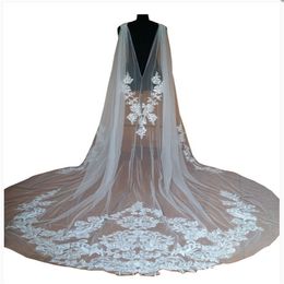 2018 Bridal Wedding Shawl Cloaks Bolero Cape Lace Jacket Wraps White Ivory Shrug Cathedral Train 3M Long Veil319F