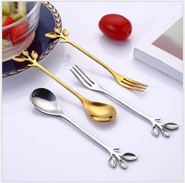 Fork Leave Coffee Tea Spoon Kitchen Tools Gold Silver Bronze Dining Bar Fashion Flatware Cutlery Ice Cream Dessert Spoon Free Shipping