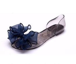 Hot Sale-Women 2017 Sweet Peep Toe Big Ribbon Bowtie Knot Transparent Material Flat Shoes Woman A7030601