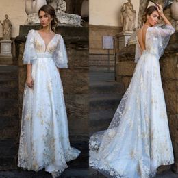 2020 Modest Beautiful V Neck Half Sleeve Backless A Line Evening Dresses Lace Applique Sequins Formal Dresses Sweep Train Party Gown