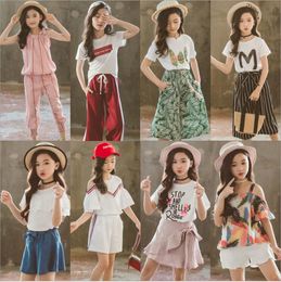 Girls Clothing Sets Summer Sports Tracksuits Short Sleeve Printed Suits Cotton Tops Pants T-Shirts Skirts Outfits 37 Styles 110-160cm B7522