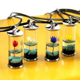 Frauen-Anhänger-Halskette, transparente Glasflasche, handgefertigt, getrocknete Blume, Lotus, dauerhafte Konservierung, Schmuck, türkisfarbene Wachsseil-Halskette