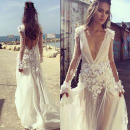 Plunging V Neck Summer Boho Wedding Dress Long Sleeve 3D Flowers Backless Bohemian Bridal Gowns Vintage Lace Beach Wedding Dresses