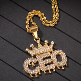 New Arrival Luxury 18K Gold Plated Bling Diamond Mens Crown CEO Letter Pedant Necklace Iced Out Rhinestone Hip Hop Jewellery Gifts for Boys