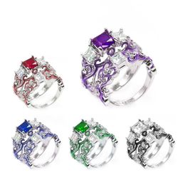 New 925 Silver Plated Geometric CZ Zircon Ring Sets For Women 2PCS/Set Enamel Flower Wedding Engagement Ring