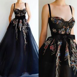 2020 A Line Prom Dresses Spaghetti Tulle Colorful Beaded Floor Length Custom Made Black Evening Dress Party Wear Formal Gowns