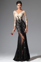 2019 NEW Sexy Sheer Lace Evening Dresses Black and White Mermaid Long Sleeves Evening Prom Dresses V Neck Sequins Appliqued Lace 427