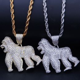 Hip hop Jewelry Gorilla Pendant Necklace Gold Silver Color Bling Cubic Zircon Men 's Animal Necklace For Gift