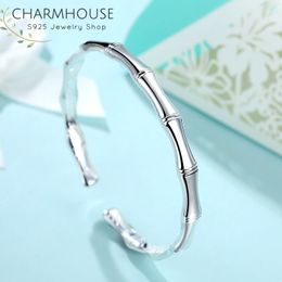 Solid 925 Silver Bangles & Bracelets For Women Bamboo Cuff Bangles Adjustable Wristband Pulseira Fashion Wedding Jewellery Bijoux