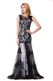 2020 In Stock Sexy New Sheer Tulle Sleeveless Mermaid Evening Dresses Black Lace Applique Formal Party Women Floor Length Prom Gowns CPS015