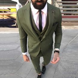 New Design One Button Olive Green Wedding Groom Tuxedos Peak Lapel Groomsmen Mens Dinner Blazer Suits (Jacket+Pants+Vest+Tie) 477