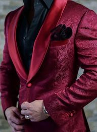 Fashion Burgundy Paisley Wedding Tuxedos British Style Custom Made Mens Suit Slim Fit Blazer Wedding Suits For Men(Suit+Pant)