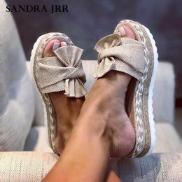 SANDRA JRR Women Flat Platform Slippers Open Toe Fashion Knots Braid Flat Heel Elevator Sandals Slip On Outside Slides Drags