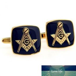 Wholesale-men's jewelry Pattern wedding gift shirt cuff links for men unique groomsmen gifts Blue Masonic Cufflinks with Gold Setting