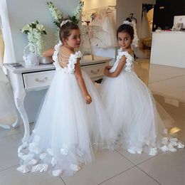 2019 Lovely White Flower Girls Dresses Hand Made Flower Long Ruffle Tulle Girls Pageant Dresses Backless Kids Formal Wear Dress