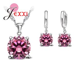 JEXXI 925 Sterling Silver Jewellery Sets 4 Claws Cubic Zirconia CZ Pendant Necklace Earring Fashion Jewellery For Women SET