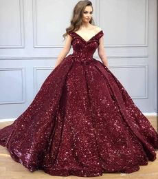 Sparkly Elegant Burgundy Sequined Quinceanera Prom Dresses V Neck Off Shoulder Sequins Ball Gown Evening Party Gowns Robe de soriee