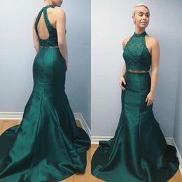 2019 New Evening Dresses Mermaid High Neck Halter Sleeveless Cut Out Open Back Lace Crop Top Two Pieces Prom Party Gowns Formal Dress