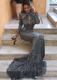 New Designer Gray Mermaid Prom Dresses High Neck Long Sleeves Sequined Sweep Train Evening Party Wear Formal Dress Robe