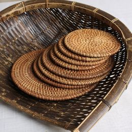 Rattan Cup Coasters Set Pot Pad Table Mat 6 Sizes Porta Copos Placemats Home Decoration Vintage Bamboo Handmade Promotion