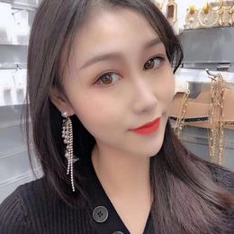 Fashion- New S925 Ear Pin Big Pearls Lucky Number 5 Long Rhinestone Tassels Asymmetry Drop Earrings