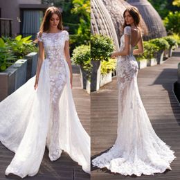 Chic Mermaid Lace Beach Backless Wedding Dresses With Detachable Train Bateau Neck Beaded Bridal Gowns Appliqued Plus Size Vestido De Novia 407