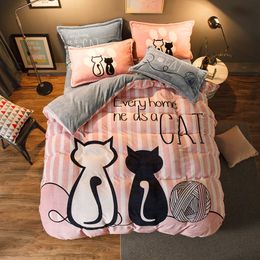 Lüks yatak seti pazen karikatür pembe kedi nevresim seti kraliçe yatak keten valentine sevimli yatak tabakası çocuk yatakları T200706223U