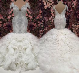 Major Beading Mermaid Wedding Dresses With Tiered Skirts Crystals Beads Bridal Dress Cap Sleeves Sexy Back African Wedding Gowns Plus Size