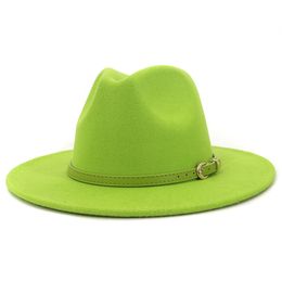 Fashion Lime Green Belt Buckle Decor Artificial Wool Felt Jazz Fedora Hats Women Men Flat Large Brim Panama Cowboy Cap L XL290O