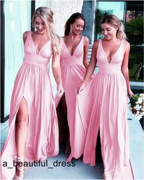 Simple Country Bridesmaid Dresses Sleeveless V-Neck Side Split Long Cheap Bridesmaid Party Prom Dress Gown Custom Made