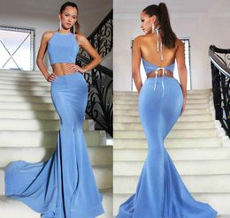 2020 new Ocean Blue Satin Evening Dresses halter ruched Mermaid Simple Two Pieces Backless Formal Prom Party Gown Custom Made Plus Size