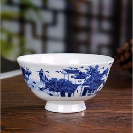 Print Plant Jingdezhen Chinese 4.5-inch bone Chinhigh foot bowl blue and white glaze medium color high foot anti-hot bowl