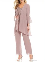 Rose Pink Mother of the Bride Pants Suits Chiffon Mother of The Bride with Jacket Lady For Wedding Party Bridal Evening Wear254J