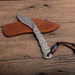 New Dog Leg Shape Small Damascus Fixed Blade Knife Damascus Steel Blade Full Tang Handle Knives With Leather Sheath