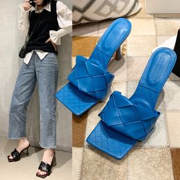 Thin High Heels Sandals Slippers Ladies Mules Party Pumps Woven Fabric NEW Fashion 2020 Summer Square Head Slides Women Rubber