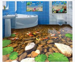 Custom 3D self-adhesive floor mural wallpaper interior decoration Beautiful fresh lotus goldfish stream water bathroom 3D waterproof floor