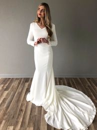 2020 Stretch Crepe Mermaid Modest Wedding Dress With Long Sleeves V Neck Zipper Back Simple Lds Modest Wedding Gowns Full Sleeves Custom