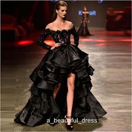 Charming Black Lace High Low Prom Dresses Beaded Organza Ruffles Long Sleeve Sheer Neck Tiered Formal Evening Prom Wear Gowns ED1119