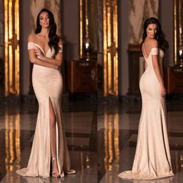 Off Shoulder Mermaid Prom Dresses Backless Front Split Beads Satin Party Gowns Sweep Train Prom Gowns