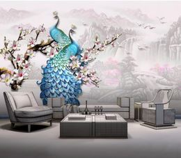 3d wallpaper for room Three-dimensional embossed blue peacock magnolia flower background wall